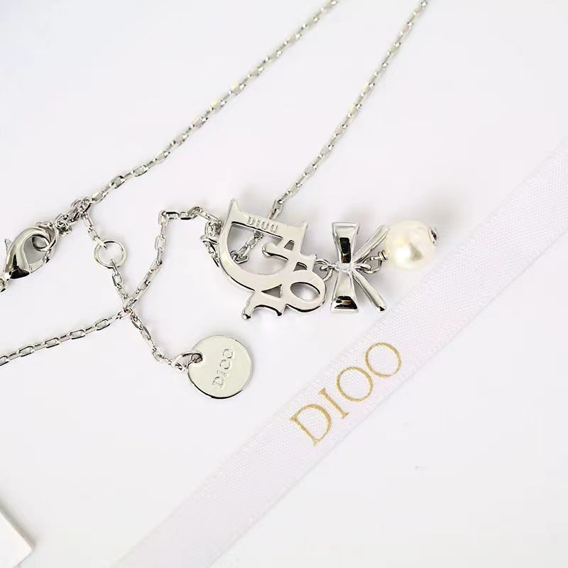 Fashionable Diamond Pearl Necklace Bow Necklace X091112