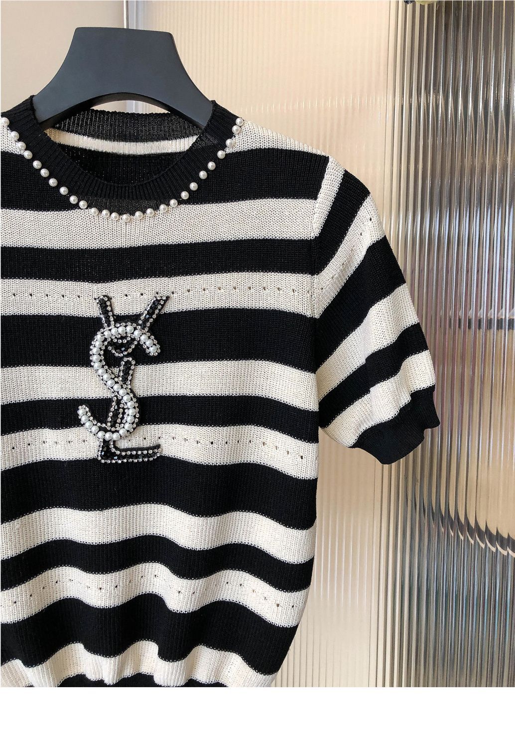 Heavy Beaded Black And White Striped Sweater 1024070322