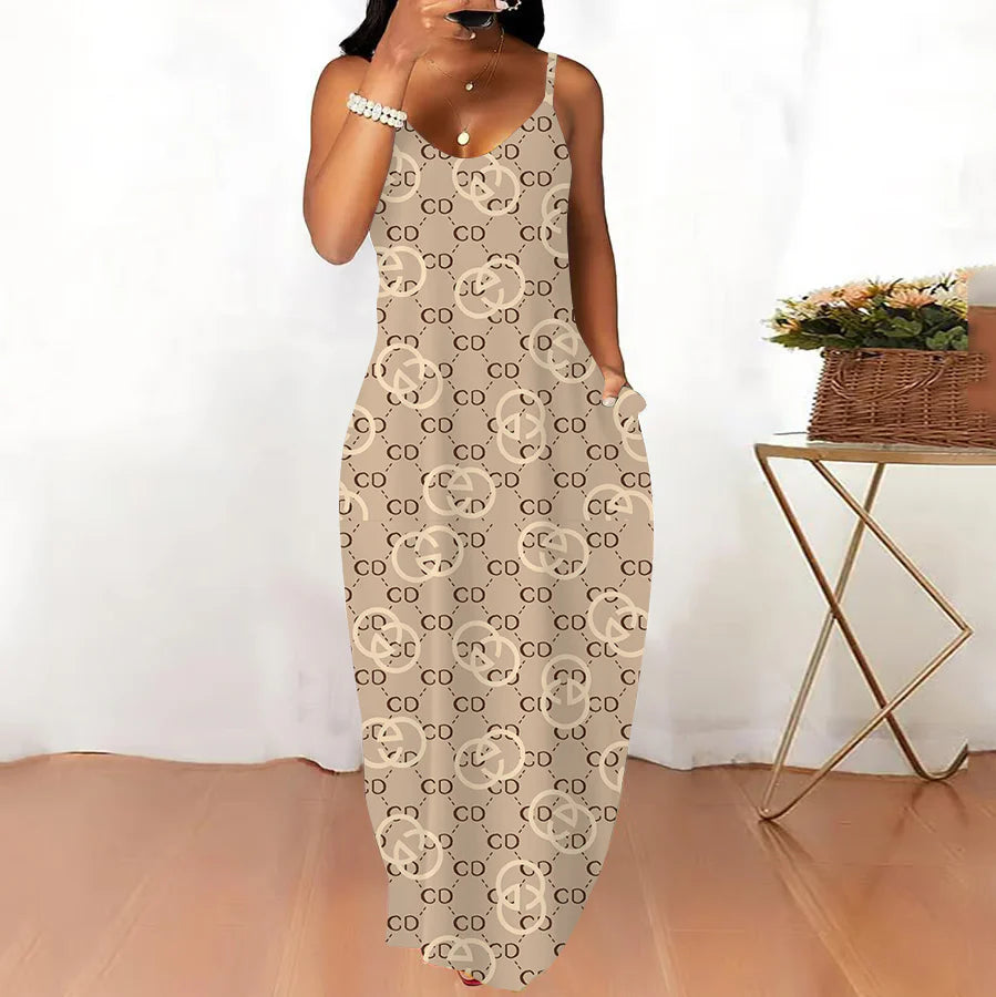 Classic Print V-Neck Pocket Cami Dress 3D1025063025