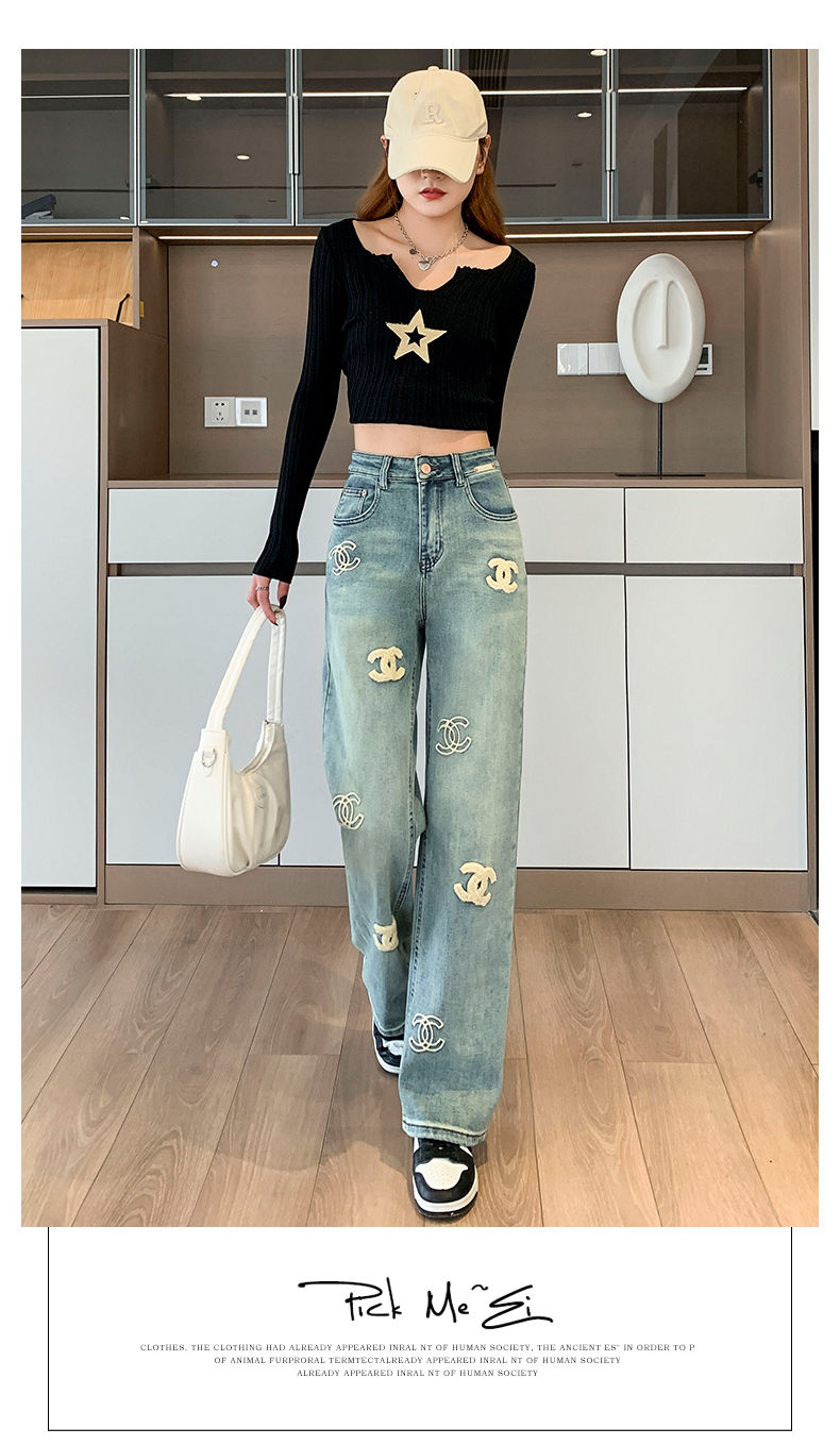 New high waisted loose embroidered straight Jeans 9000914007