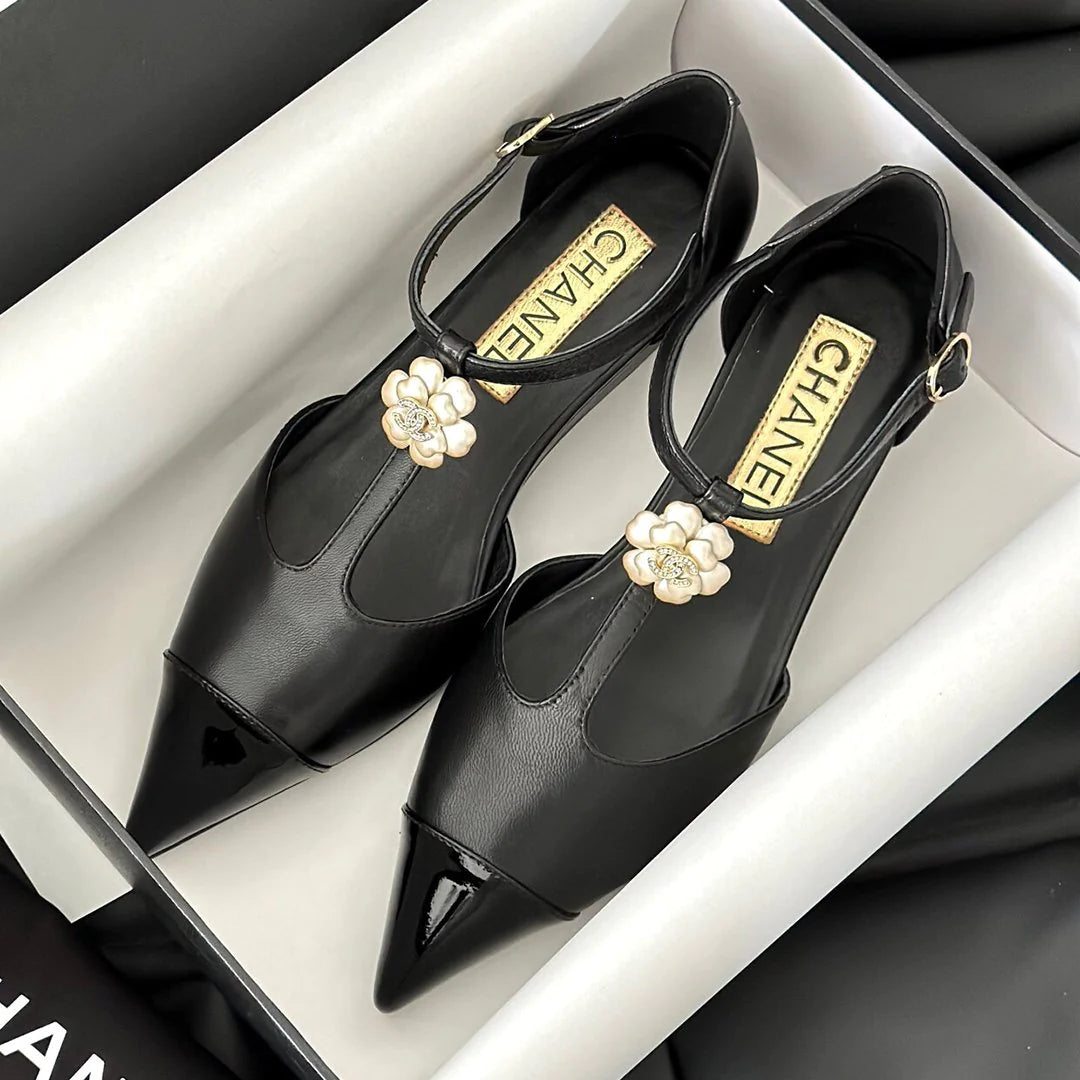 New fashionable leather pointed toe camellia wedge shoes 1024022203