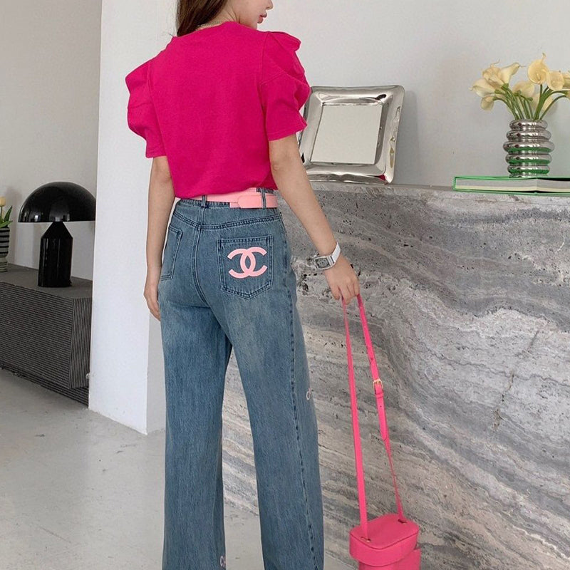 Versatile high waisted straight tube printed jeans PD10052209