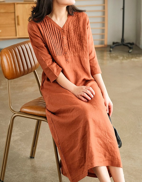 Women's Mid-sleeve Pullover V-neck Linen Dress