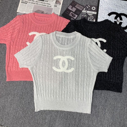 New Embroidered Crewneck Sweater Women's Short-sleeved 1024032511