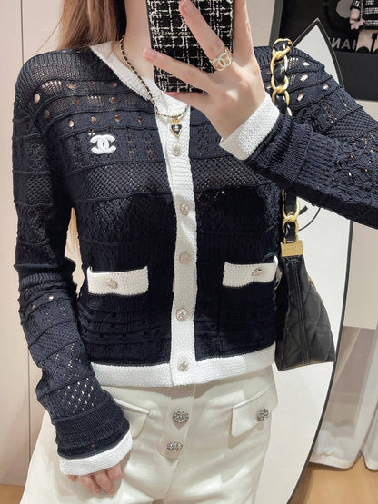 CNL contrast color crew neck knitted long sleeve cardigan 0724080605