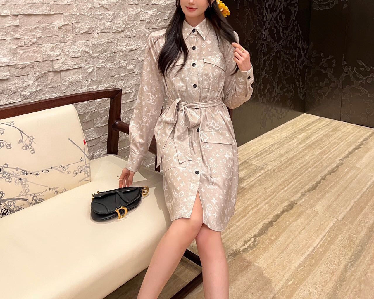 Classic printed fashionable lapel shirt dress 071