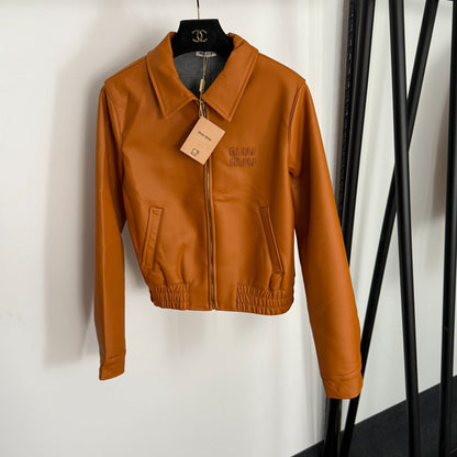 Embroidered Letter Collar Long-Sleeve Zipper PU Leather Jacket 1025092315