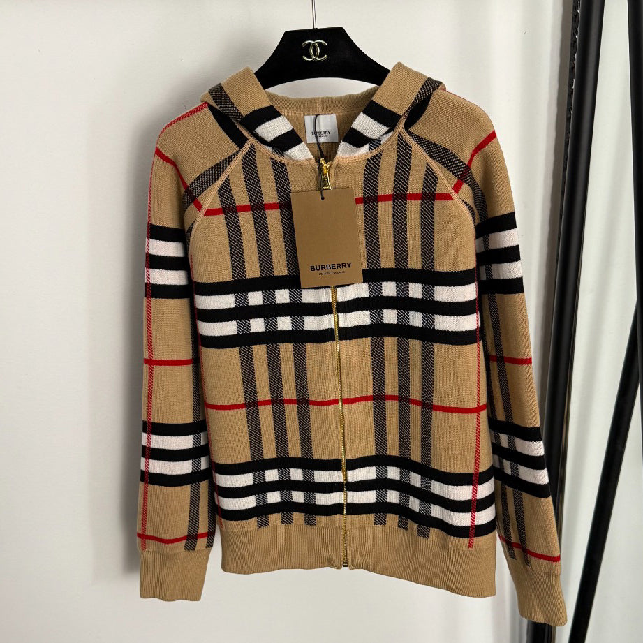 Checkered Hooded Knit Cardigan Jacket 1025092320