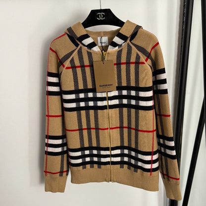 Checkered Hooded Knit Cardigan Jacket 1025092320