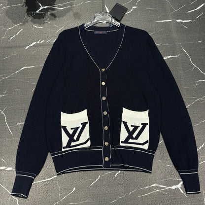 New Color-Blocked Pocket V-Neck Long-Sleeve Knit Sweater 1025092323