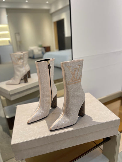 LV fashion rhinestone high-heeled mid-calf boots 0724102305