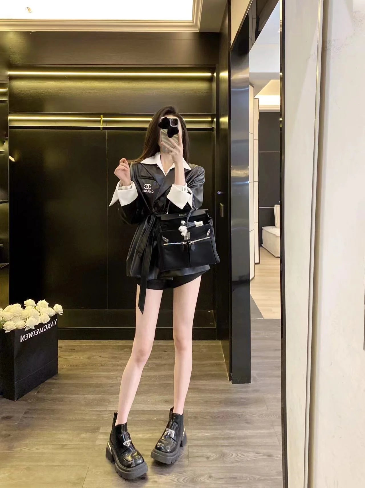 CHA Vintage Maillard Lapel Contrast Sleeve Leather Blazer 0724022201