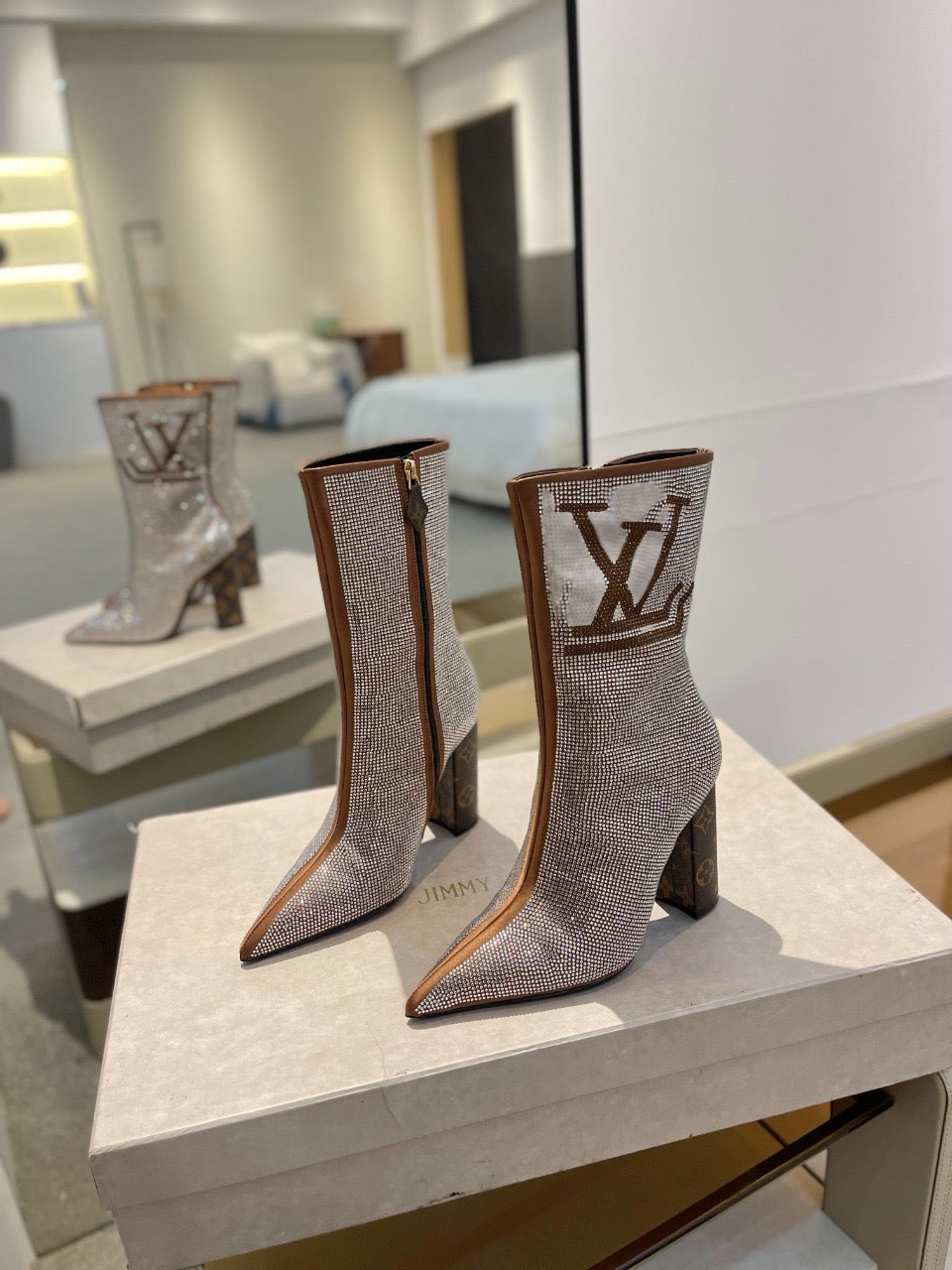 LV fashion rhinestone high-heeled mid-calf boots 0724102305