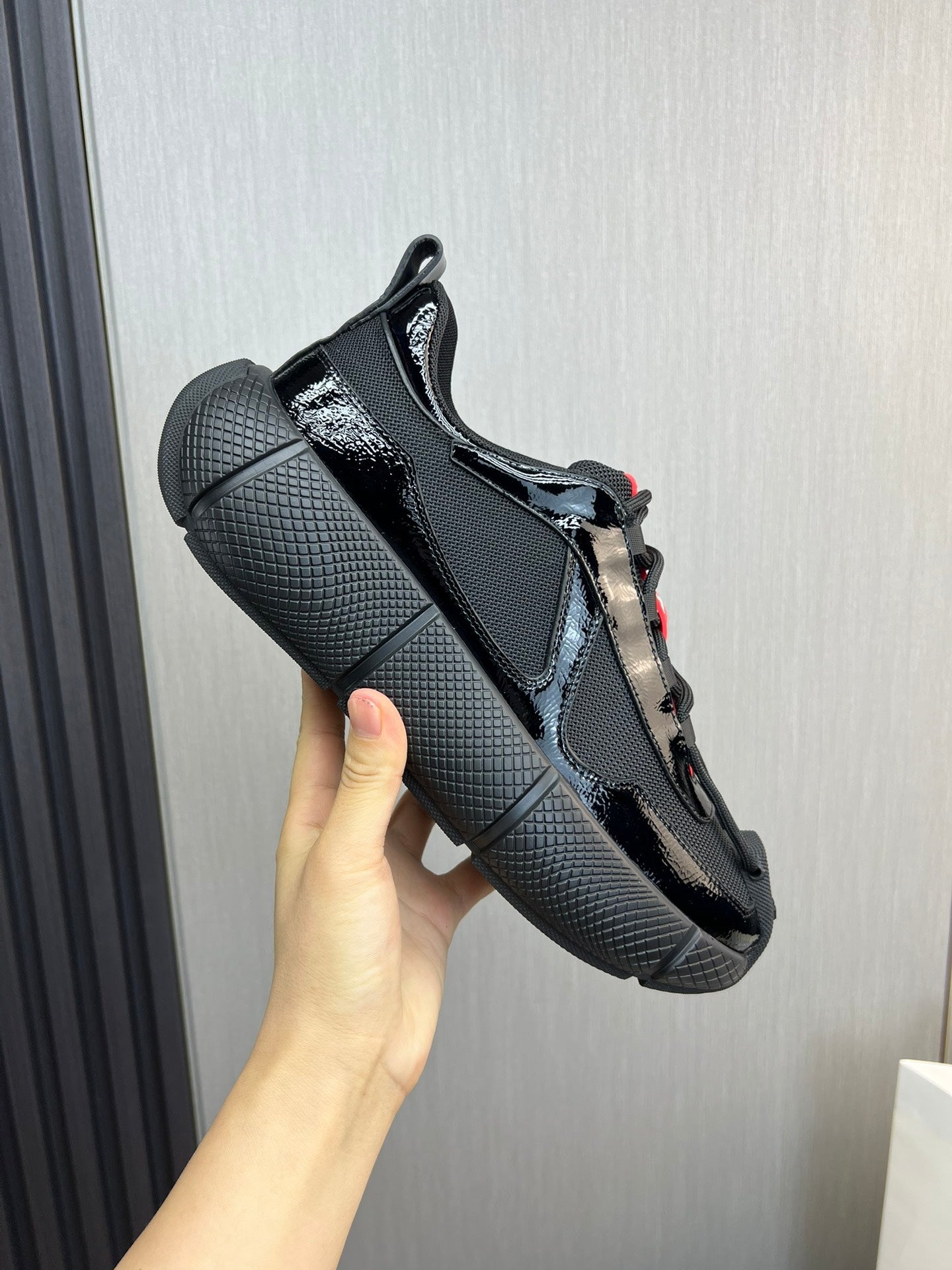 PR patent leather and mesh lace-up sneakers 0724111901