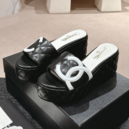 New style diamond grid thick sole sponge cake slope heel sandals 1024062802