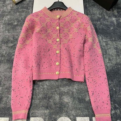 CNL fashion gold thread jacquard custom gold buckle custom yarn gradient round neck long sleeve buttoned knitted sweater cardigan jacket XC0723112005