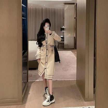 Women's fashionable and elegant round neck single breasted long knitted cardigan 1023112722