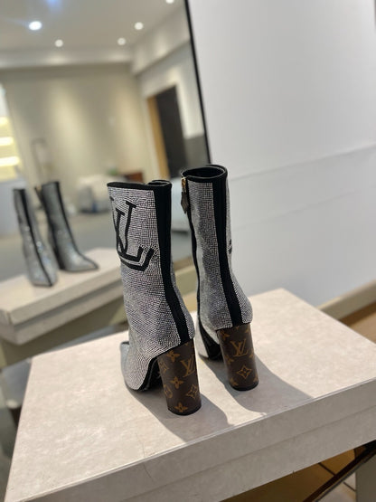 LV fashion rhinestone high-heeled mid-calf boots 0724102305