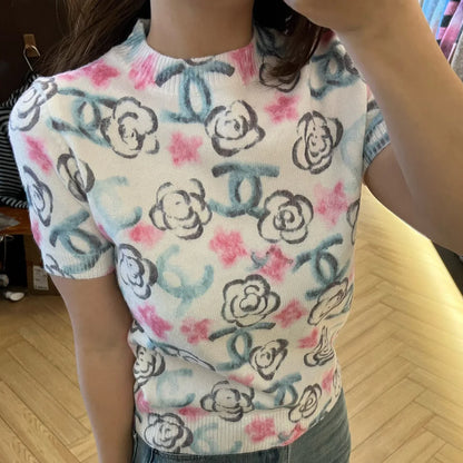 Hand-painted Camellia Double C Print Knit Short Sleeve 1024122306
