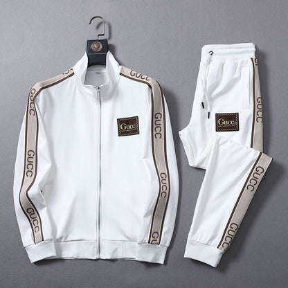 Men's light luxury webbing embroidery long-sleeved casual sports trousers two-piece suit