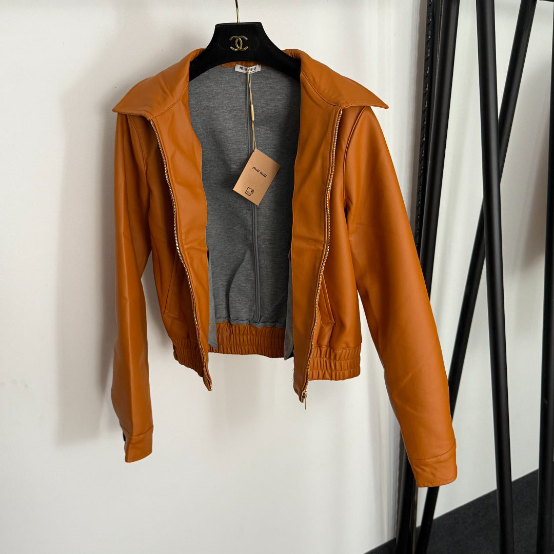 Embroidered Letter Collar Long-Sleeve Zipper PU Leather Jacket 1025092315