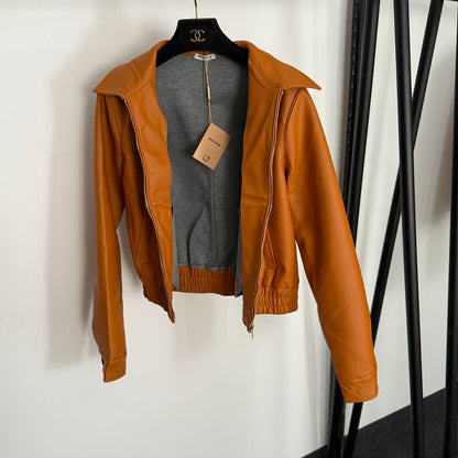 Embroidered Letter Collar Long-Sleeve Zipper PU Leather Jacket 1025092315