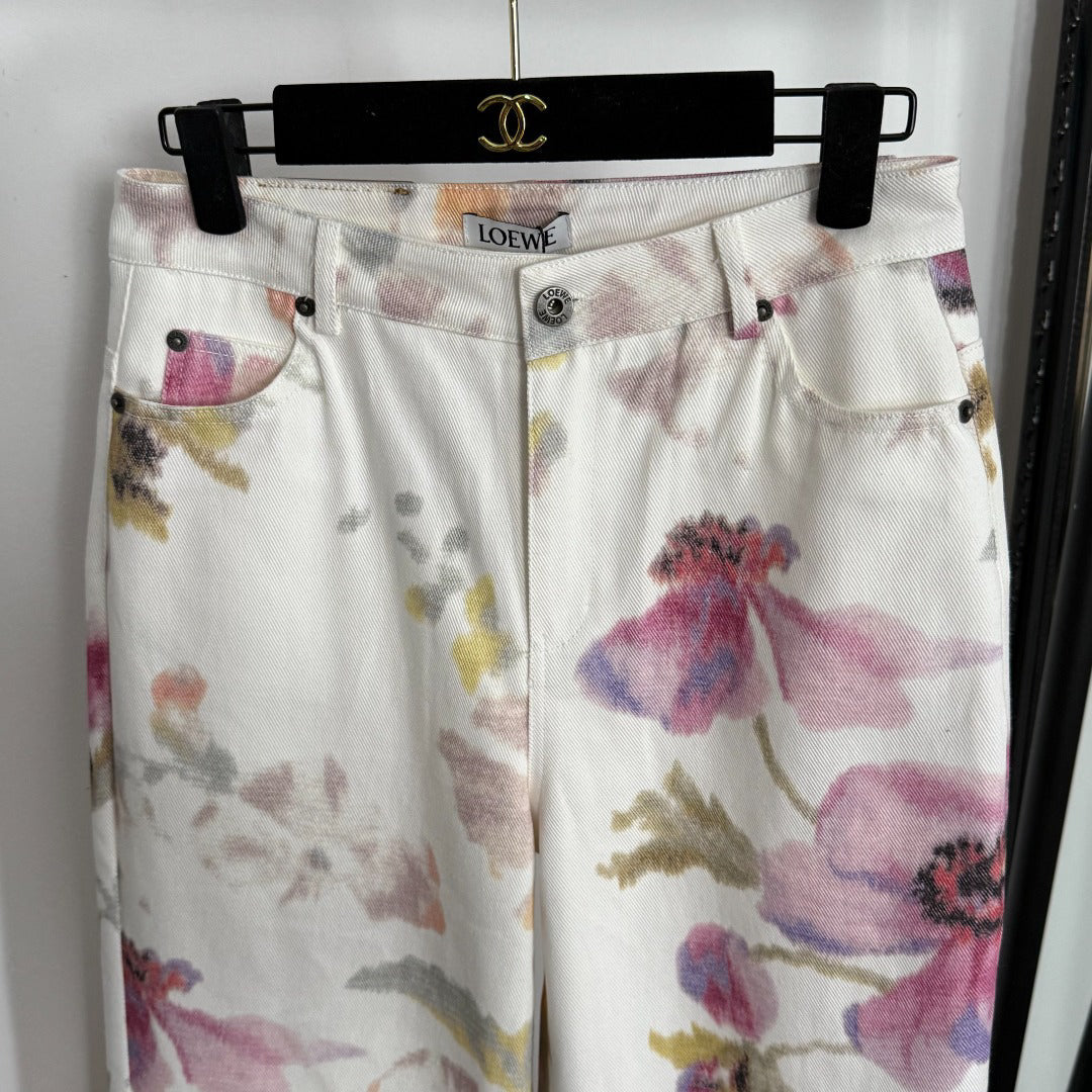 Straight-Leg Denim Pants with Large Floral Print 1025092313