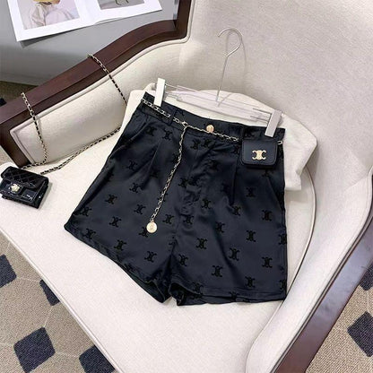 Fashion Joker Flocking Printed Ice Silk Black Shorts 1024042911