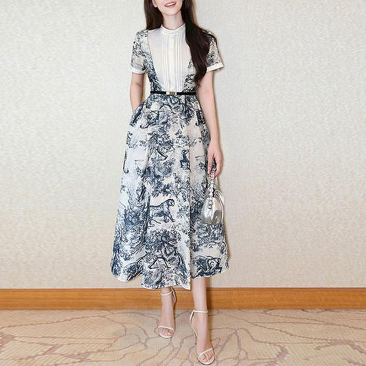 New Standing Collar Printed Large Swing Long Dress 1024030413