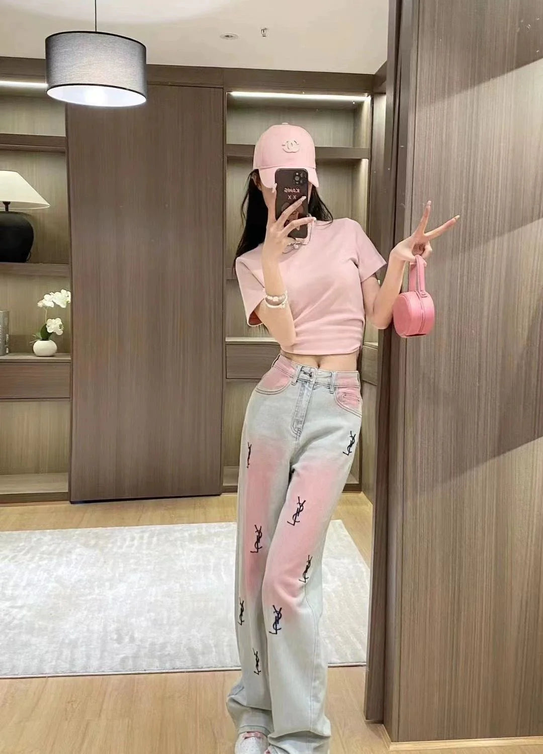 New High Waist Retro Trousers Gradient Pink Straight Jeans 1024031403