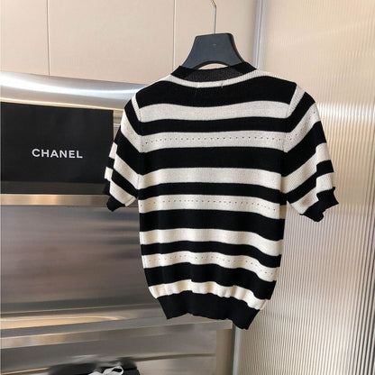 Heavy Beaded Black And White Striped Sweater 1024070322