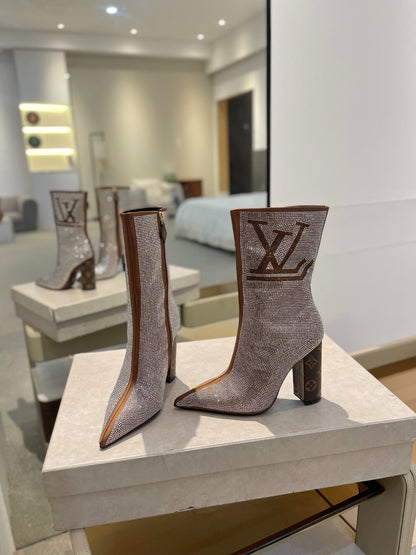 LV fashion rhinestone high-heeled mid-calf boots 0724102305