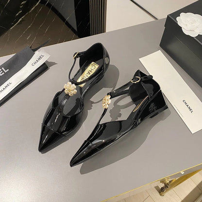 New fashionable patent leather pointed toe camellia wedge shoes 1024022204