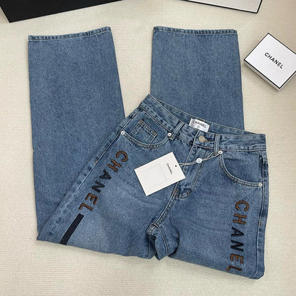 Fashion and versatile denim loose trousers with embroidered letters 1024021801