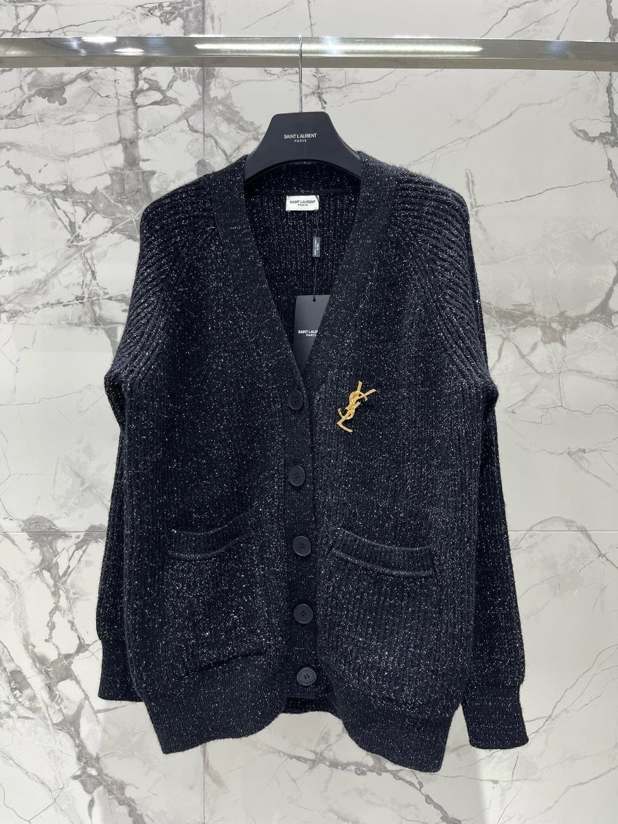 YSL V-Neck Knit Wool Cardigan with Silver Threads  0725022702