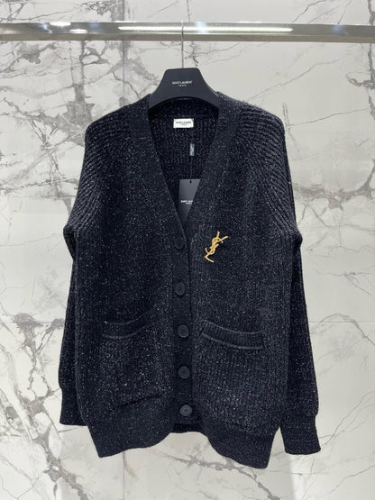 YSL V-Neck Knit Wool Cardigan with Silver Threads  0725022702