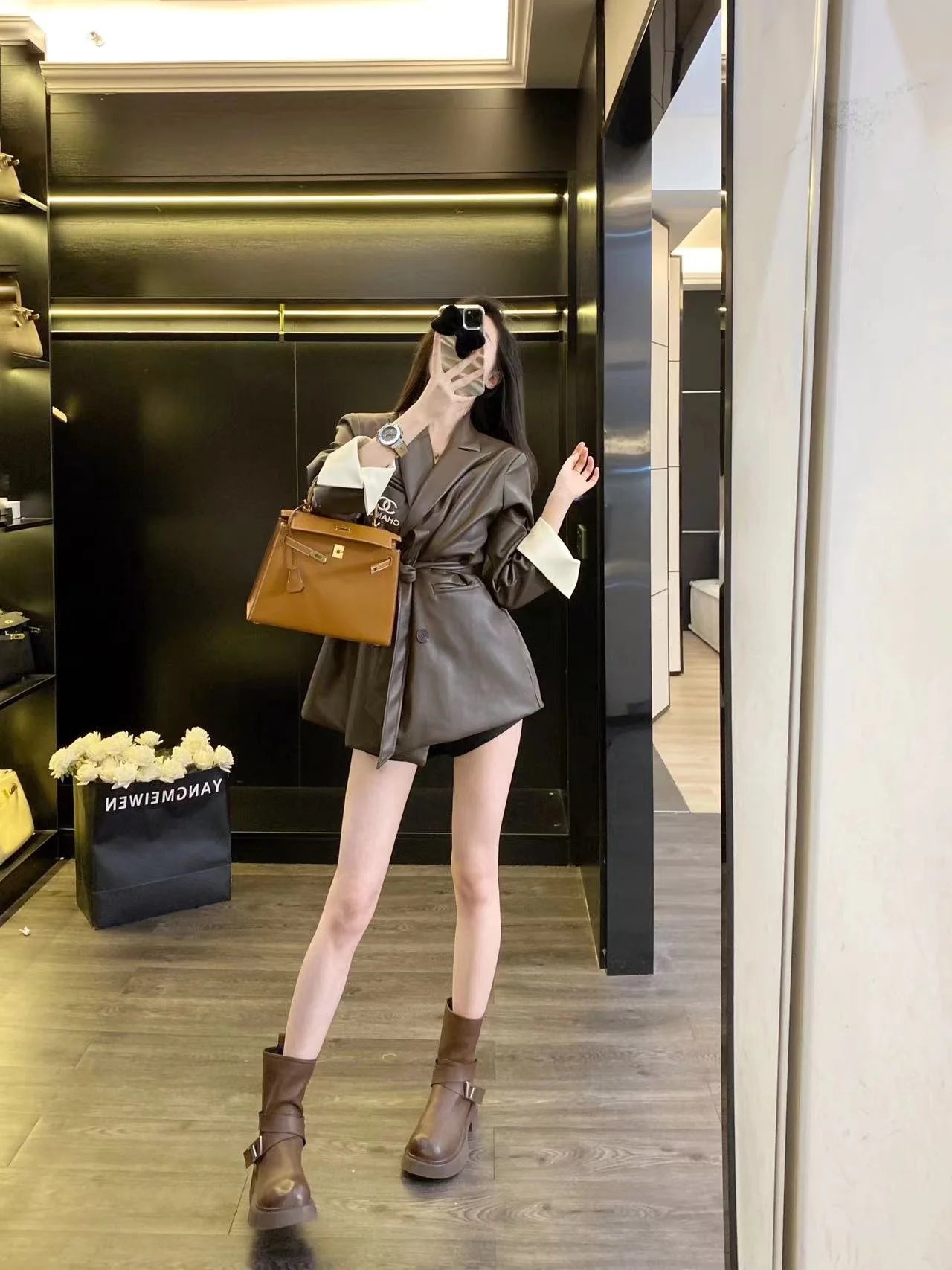 CHA Vintage Maillard Lapel Contrast Sleeve Leather Blazer 0724022201