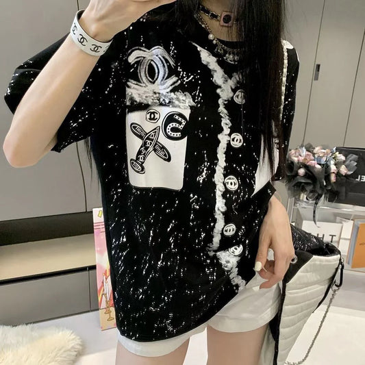 New Round Neck Color Long Letter Embroidery Short Sleeve 1024050912