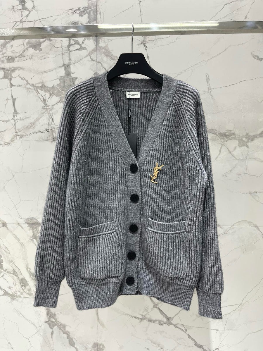 YSL V-Neck Knit Wool Cardigan with Silver Threads  0725022702
