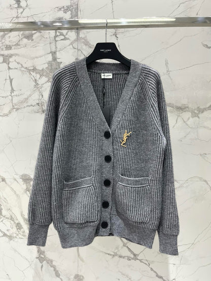 YSL V-Neck Knit Wool Cardigan with Silver Threads  0725022702