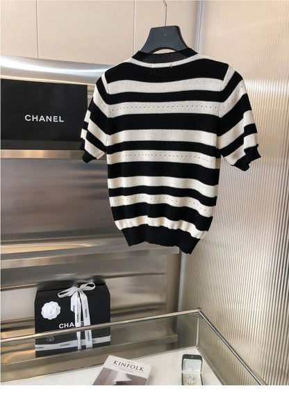 Heavy Beaded Black And White Striped Sweater 1024070322