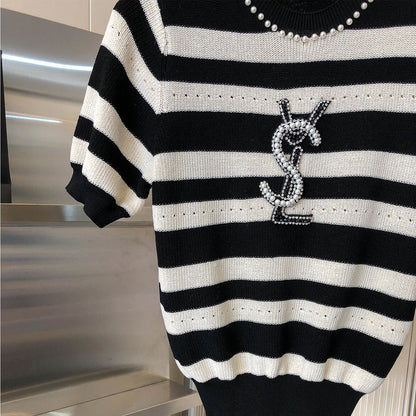 Heavy Beaded Black And White Striped Sweater 1024070322