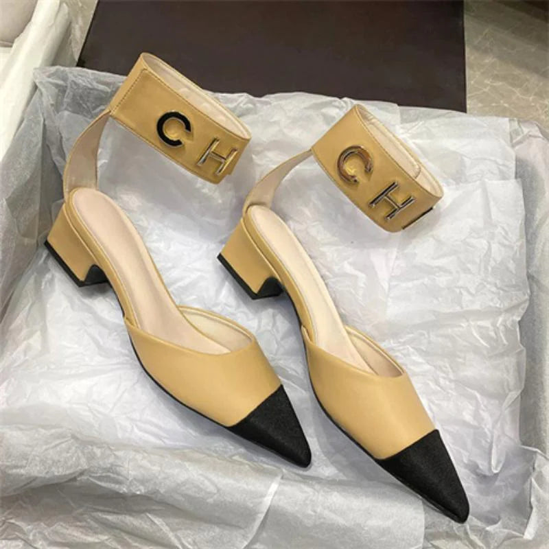 New Color Matching Pointed Shoes Velcro Shallow Thick Heel Women's Shoes 1024032522