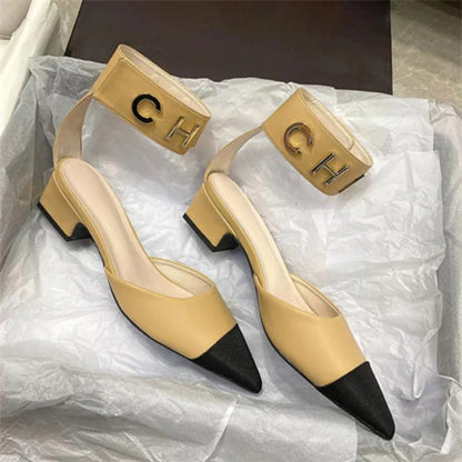 New Color Matching Pointed Shoes Velcro Shallow Thick Heel Women's Shoes 1024032522