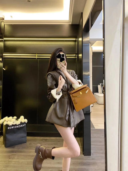 CHA Vintage Maillard Lapel Contrast Sleeve Leather Blazer 0724022201