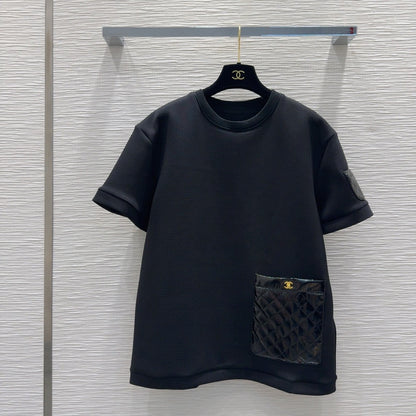 CNL round neck stitching diamond patent leather short sleeves 0724121105