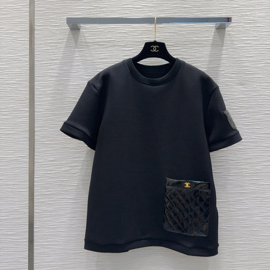 CNL round neck stitching diamond patent leather short sleeves 0724121105