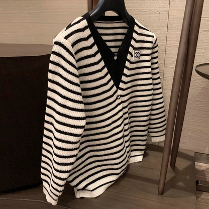 Black and white striped double layered cardigan 1024102910