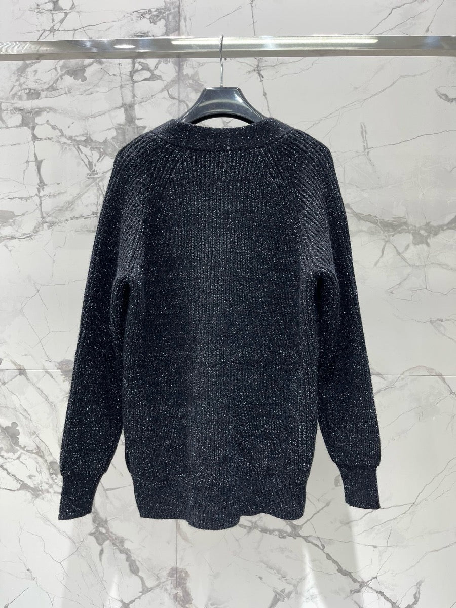 YSL V-Neck Knit Wool Cardigan with Silver Threads  0725022702