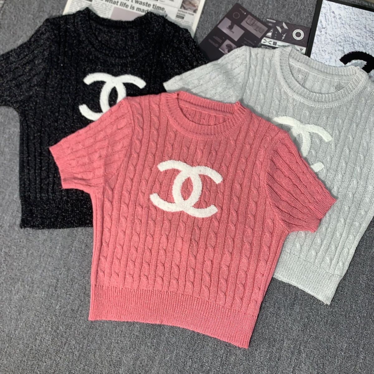 New Embroidered Crewneck Sweater Women's Short-sleeved 1024032511